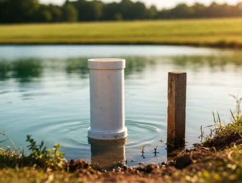 Eye-level photo of a small rural pond with a PVC standpipe outlet and a wooden stake at the waterline in warm golden hour light, with softly blurred trees and pasture in the background.