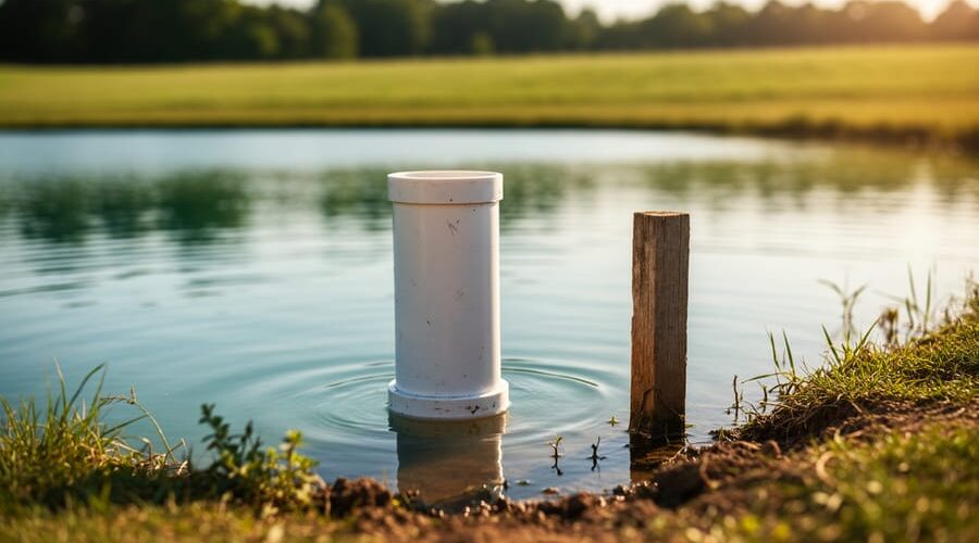 Eye-level photo of a small rural pond with a PVC standpipe outlet and a wooden stake at the waterline in warm golden hour light, with softly blurred trees and pasture in the background.