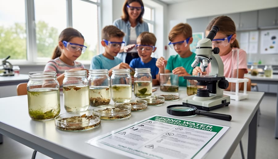 Child examining pond water sample with tadpoles through magnifying glass at outdoor exploration station