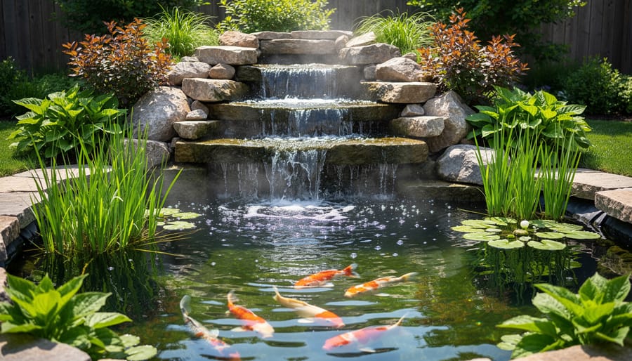 Garden waterfall feature cascading into pond creating beneficial water circulation