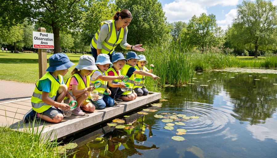 Preschool teacher supervising young children safely observing pond life from secure viewing platform