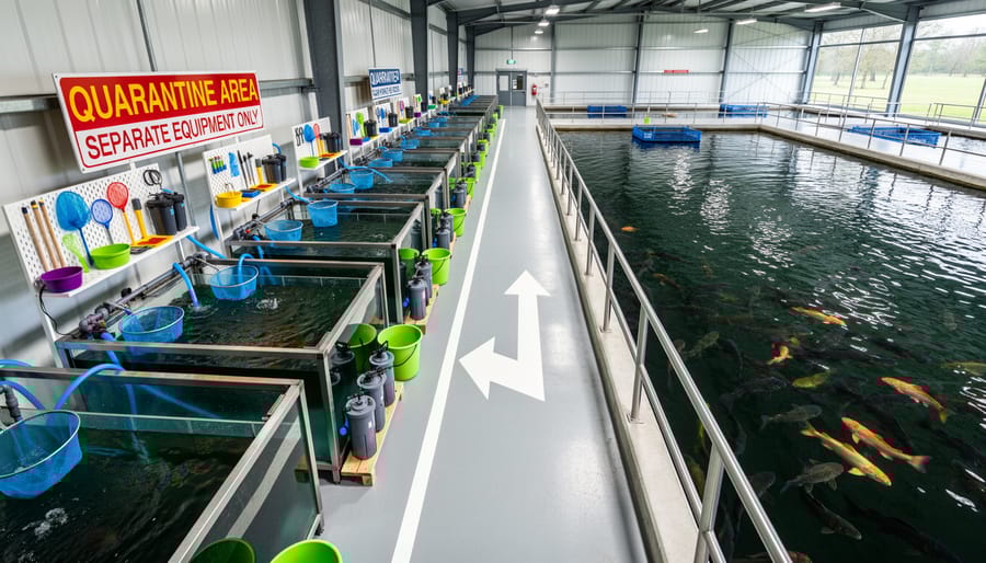 Quarantine equipment including nets, buckets, and disinfectant for biosecurity protocols