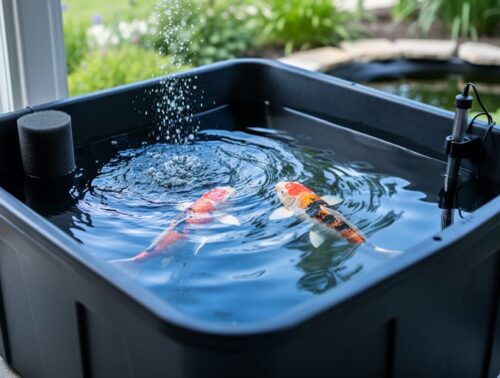 Black plastic stock tank used as a fish quarantine setup with two koi, a bubbling sponge filter, and a submersible heater, on a patio with a softly blurred garden pond and plants in the background.