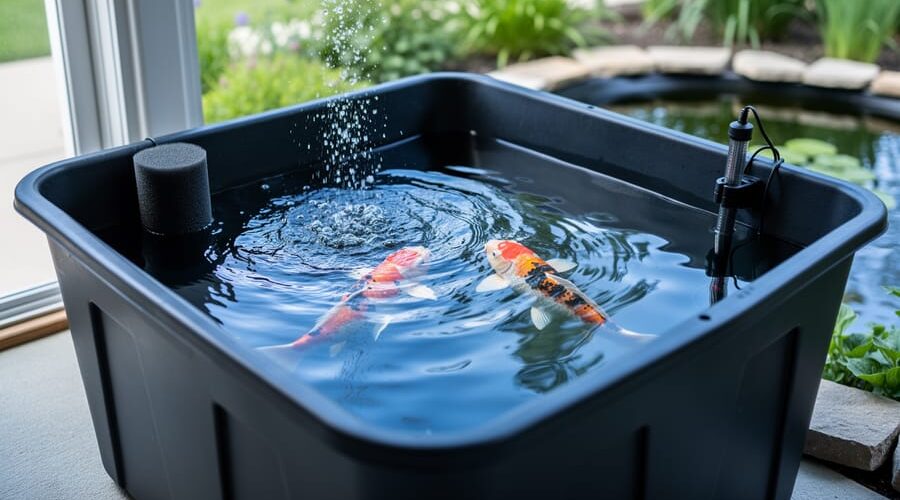 Black plastic stock tank used as a fish quarantine setup with two koi, a bubbling sponge filter, and a submersible heater, on a patio with a softly blurred garden pond and plants in the background.