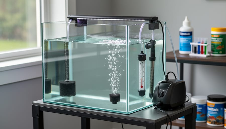 Overhead view of quarantine aquarium tank with koi fish and basic filtration equipment
