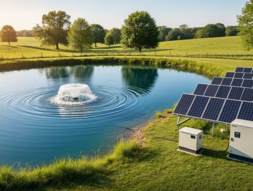 Ground-mounted solar panels with a battery enclosure beside a quarter-acre pond, cable running to a visible bubble plume from a bottom diffuser at the pond’s center, photographed at golden hour with trees and pasture in the background.