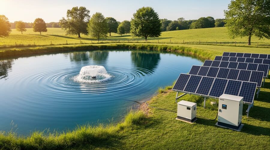 Ground-mounted solar panels with a battery enclosure beside a quarter-acre pond, cable running to a visible bubble plume from a bottom diffuser at the pond’s center, photographed at golden hour with trees and pasture in the background.