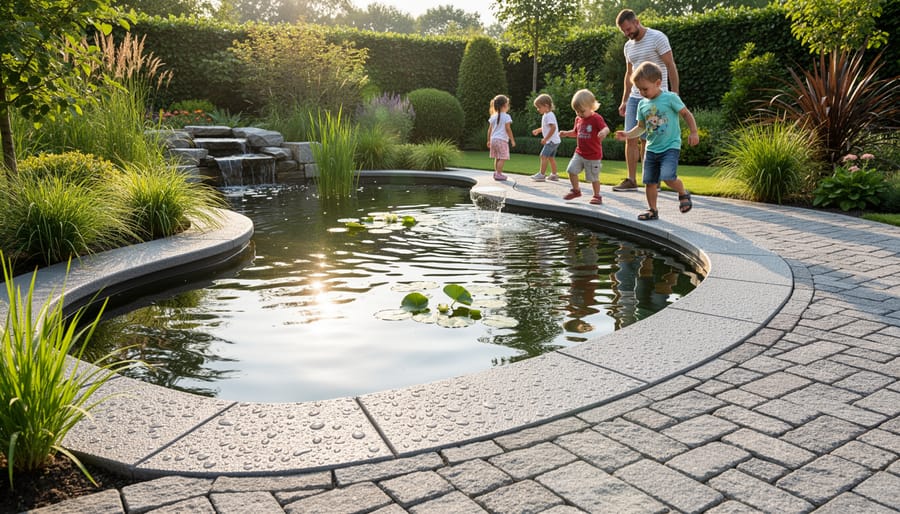 Close-up of textured non-slip stone edging installed around water garden border