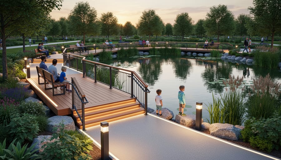 Wooden deck platform with bench seating beside pond illuminated by pathway lights at dusk