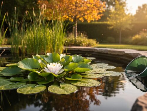 Eye-level photo of a backyard pond with blooming water lilies, lily pads, and tall reeds in warm golden hour light, with stone edging and early autumn trees softly blurred in the background and a small skimmer net resting on a rock.