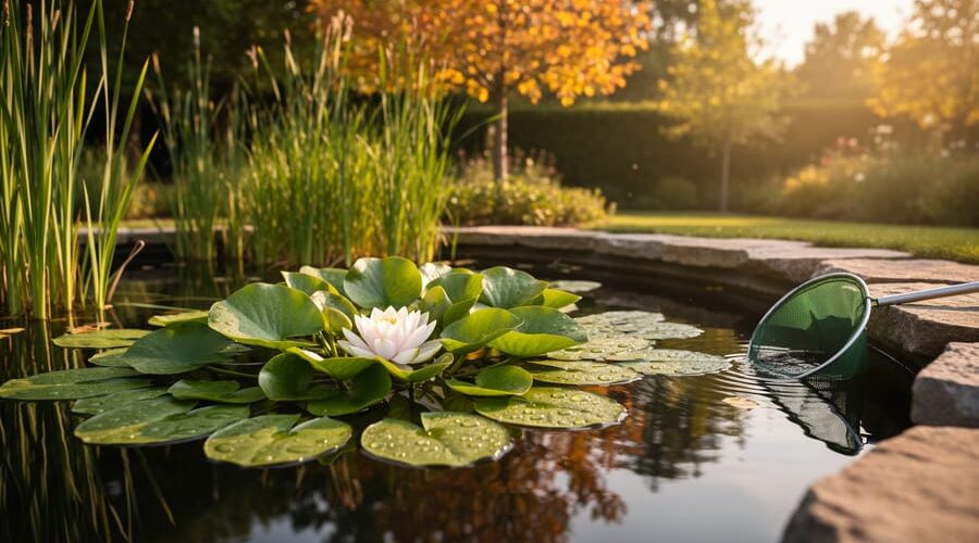 Eye-level photo of a backyard pond with blooming water lilies, lily pads, and tall reeds in warm golden hour light, with stone edging and early autumn trees softly blurred in the background and a small skimmer net resting on a rock.