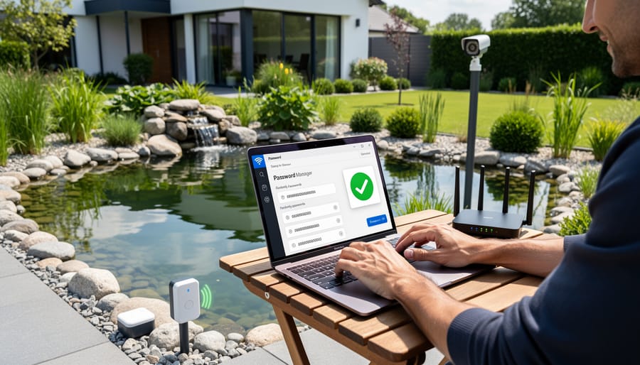 Person setting up secure passwords for smart pond equipment on laptop and smartphone