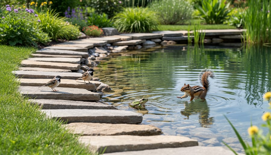 Shallow stone beach entry at edge of backyard wildlife pond