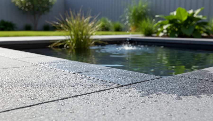 Close-up of textured non-slip paver material beside water garden
