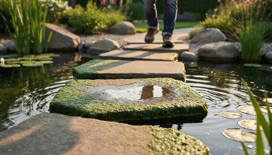 Wet stepping stones with visible algae growth crossing a garden pond