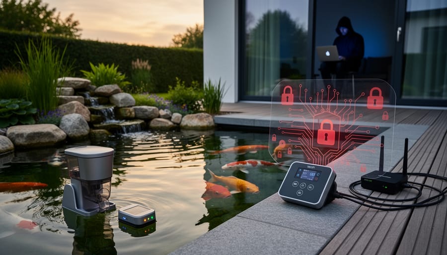 Modern koi pond with smart devices including automated feeder and water quality sensors