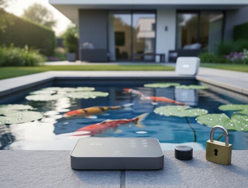 Eye-level photo of a backyard koi pond with a connected controller box and waterproof sensor, a small padlock-shaped ornament signaling security, koi and lily pads in the water, and a softly blurred house and Wi‑Fi router in the background.
