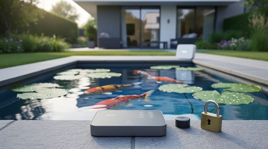 Eye-level photo of a backyard koi pond with a connected controller box and waterproof sensor, a small padlock-shaped ornament signaling security, koi and lily pads in the water, and a softly blurred house and Wi‑Fi router in the background.