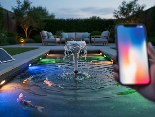Modern backyard koi pond at dusk illuminated by multicolor LED lights with a programmable fountain splashing, a person holding a smartphone to control the features, and a landscaped garden with a solar panel blurred in the background.