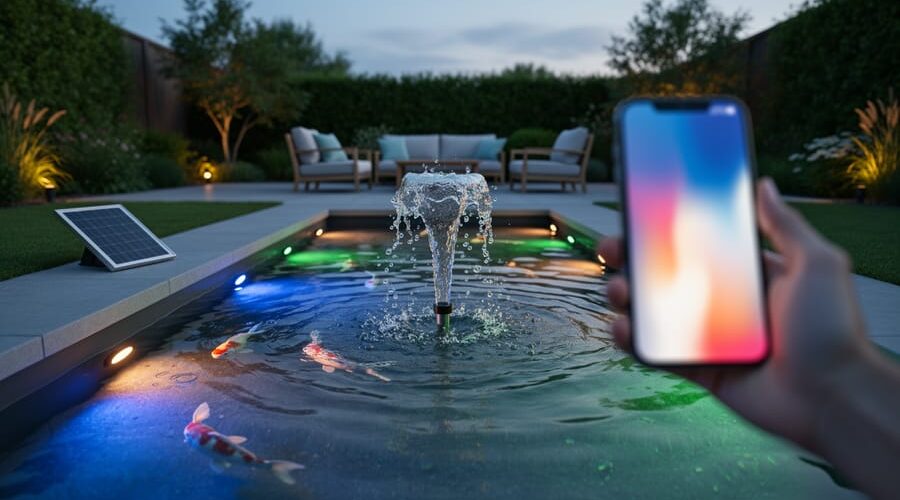 Modern backyard koi pond at dusk illuminated by multicolor LED lights with a programmable fountain splashing, a person holding a smartphone to control the features, and a landscaped garden with a solar panel blurred in the background.