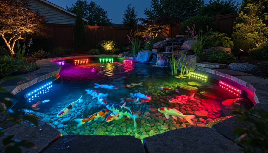 Backyard koi pond illuminated with colorful LED lighting at night