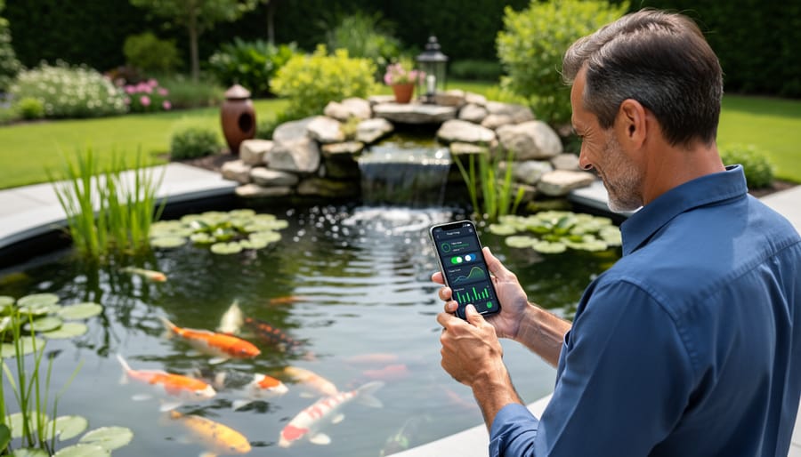 Person using smartphone app to control and monitor backyard pond systems