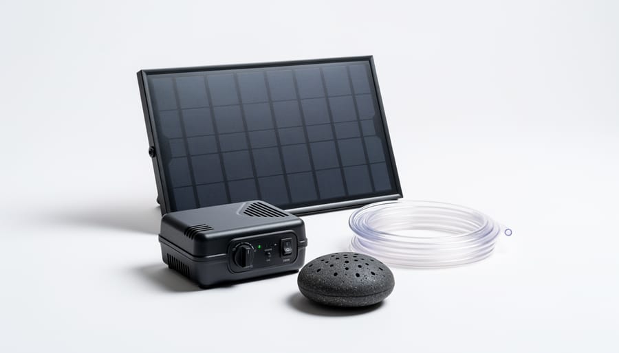 Solar pond aerator system components including solar panel, pump, tubing and diffuser