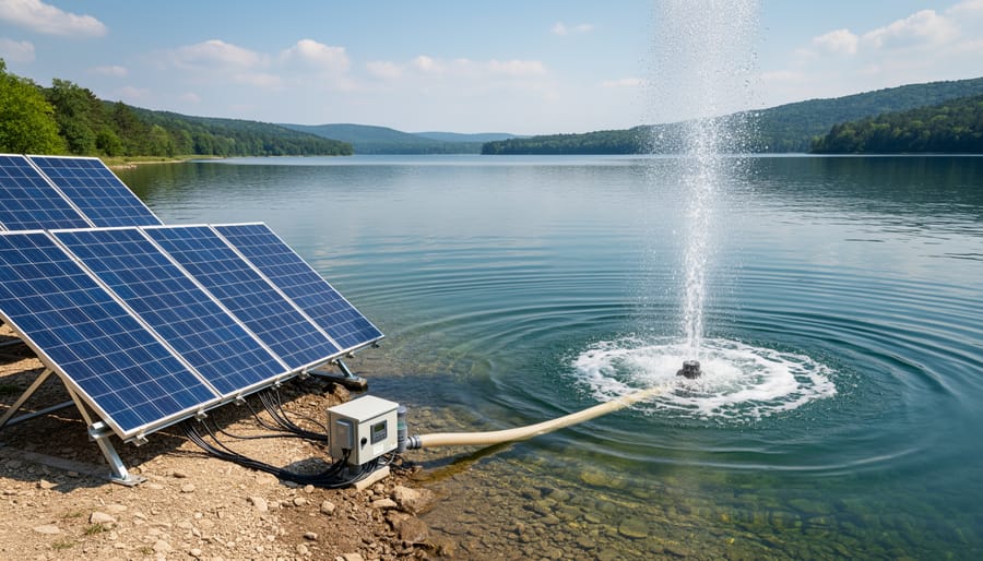 Solar panel connected to underwater air stones in pond aeration system