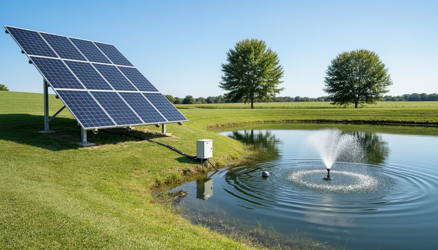 Person installing solar panel on mounting bracket near pond for aerator system