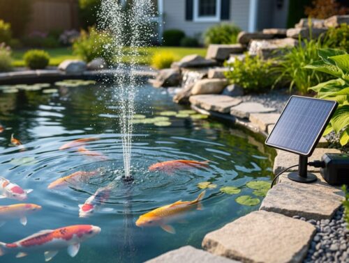 Backyard koi pond at golden hour with visible aerator bubbles and koi and goldfish swimming, a small solar panel and pump housing at the shoreline, garden stones and a house softly blurred behind.