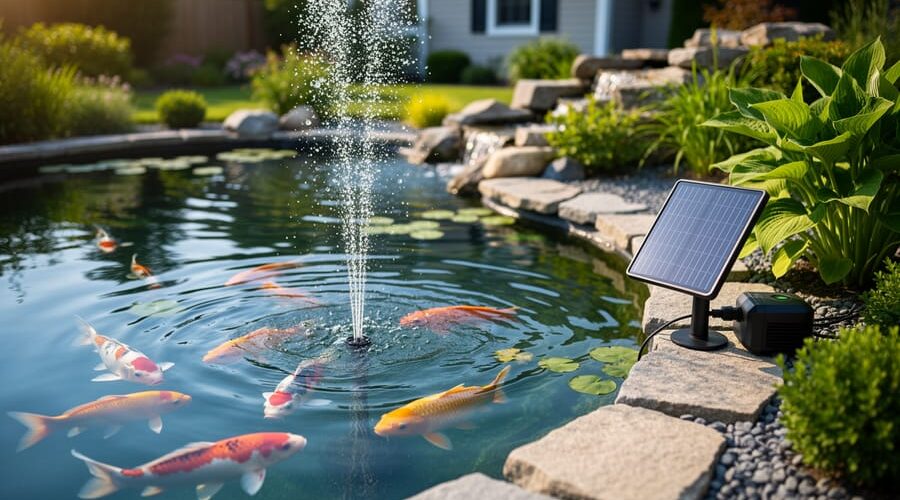 Backyard koi pond at golden hour with visible aerator bubbles and koi and goldfish swimming, a small solar panel and pump housing at the shoreline, garden stones and a house softly blurred behind.