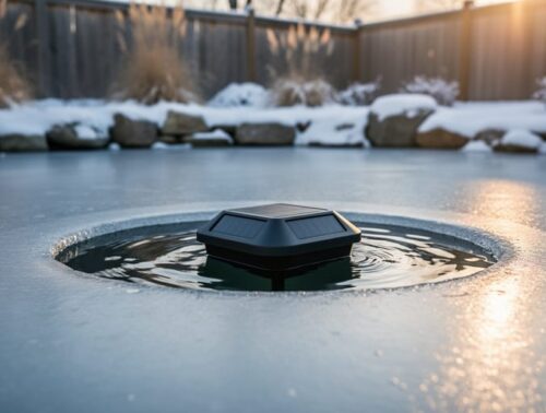 Floating solar pond de-icer maintaining an ice-free hole in a partially frozen backyard pond under golden winter sunlight, with gentle ripples and blurred snowy stones and reeds in the background.