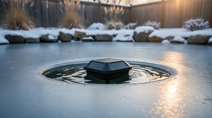 Floating solar pond de-icer maintaining an ice-free hole in a partially frozen backyard pond under golden winter sunlight, with gentle ripples and blurred snowy stones and reeds in the background.