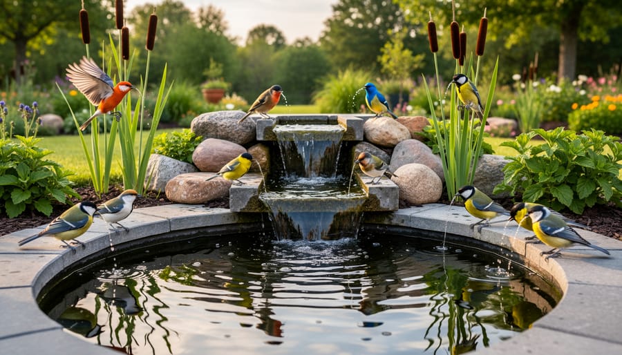 Colorful songbird drinking from garden pond edge with water plants in background