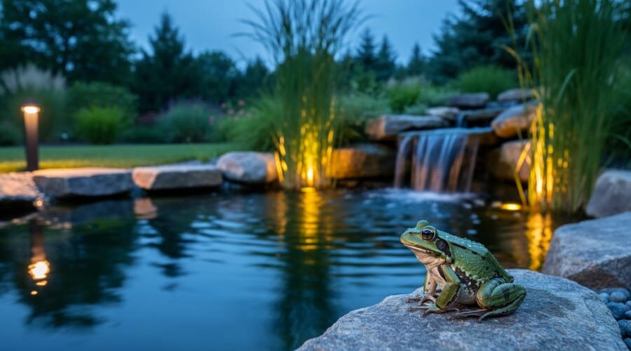 Dusk view of a natural backyard pond lit by warm below-waterline LEDs highlighting reeds and a small waterfall, with shielded ground-level path lights and a frog on a rock; native plants and stones softly blurred in the background.