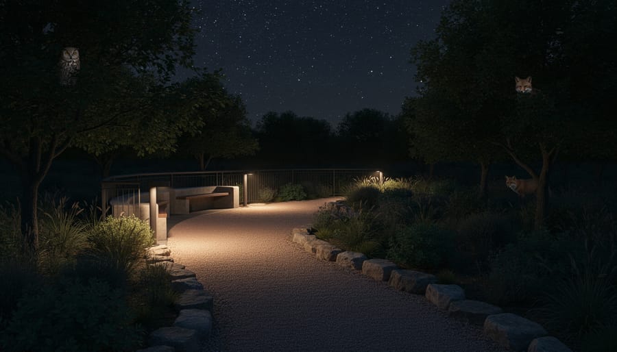 Natural pond at night with strategic lighting showing illuminated margins and dark center zones