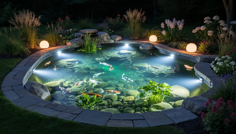 Backyard pond illuminated with underwater LED lights at dusk creating colorful water effects