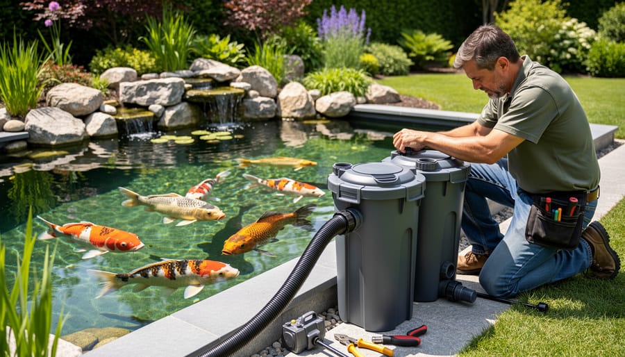 Professional pond filtration system installed beside backyard pond