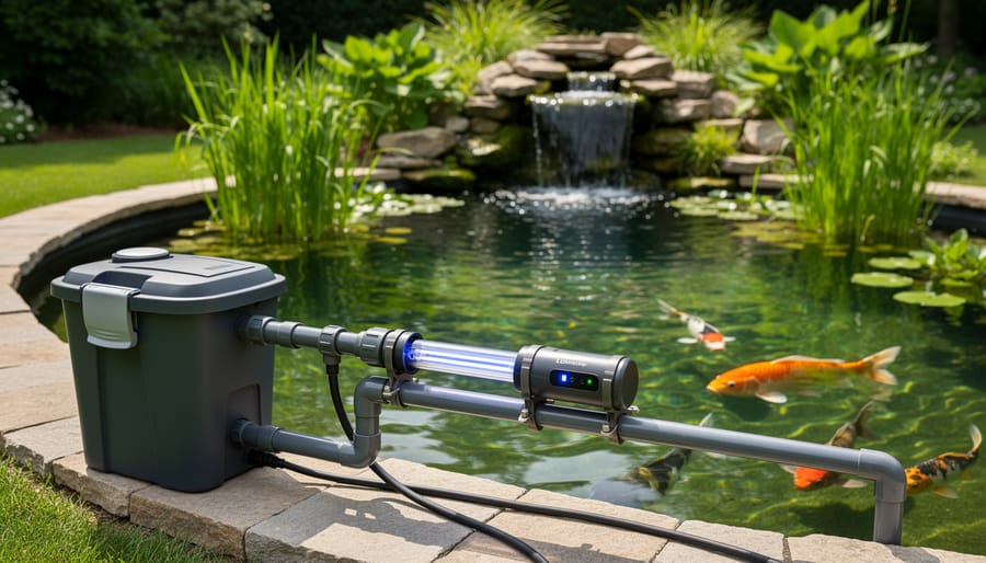 UV clarifier unit mounted beside koi pond with visible tubing connections