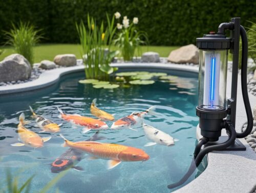 Backyard koi pond with crystal-clear water and an unbranded UV clarifier unit mounted beside it with hoses, surrounded by rocks and aquatic plants in a landscaped garden.
