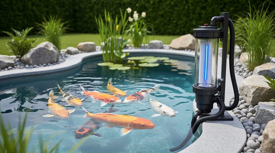 Backyard koi pond with crystal-clear water and an unbranded UV clarifier unit mounted beside it with hoses, surrounded by rocks and aquatic plants in a landscaped garden.