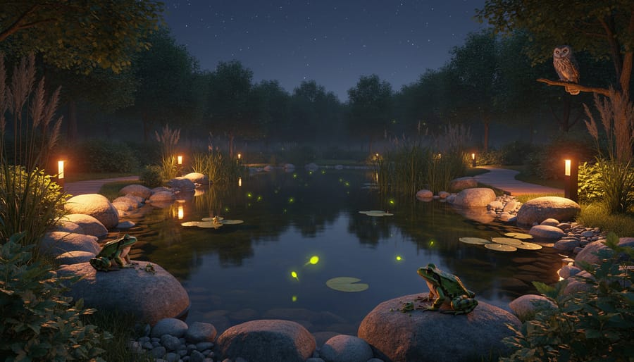 Nature pond at dusk with warm LED lights illuminating plants and water surface