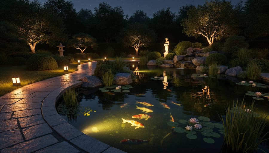 Illuminated water garden at dusk with underwater lights and floating ornaments