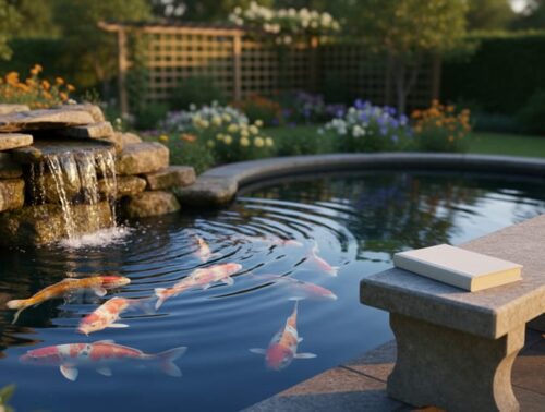 Golden-hour view of a backyard koi pond with a small stone waterfall creating ripples, koi visible beneath the reflective surface, and a plain closed linen-bound book on a nearby stone bench, with softly blurred flowers, trellis, and trees in the background.