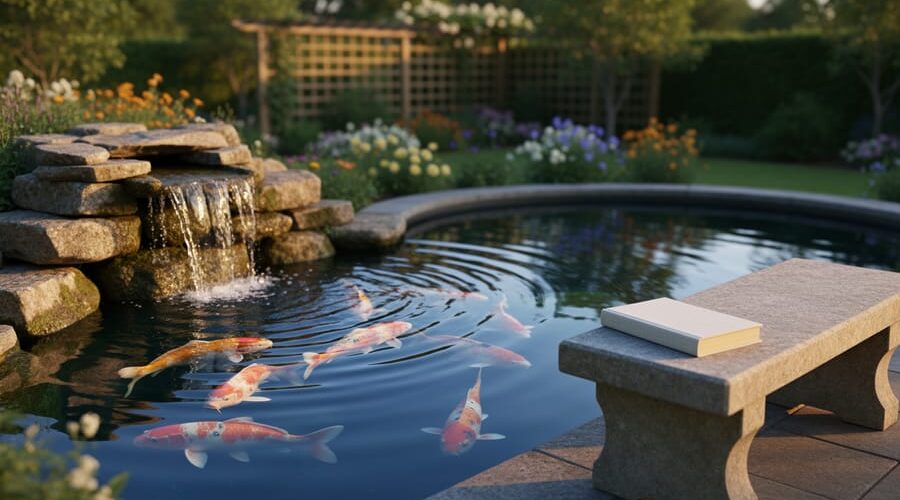 Golden-hour view of a backyard koi pond with a small stone waterfall creating ripples, koi visible beneath the reflective surface, and a plain closed linen-bound book on a nearby stone bench, with softly blurred flowers, trellis, and trees in the background.