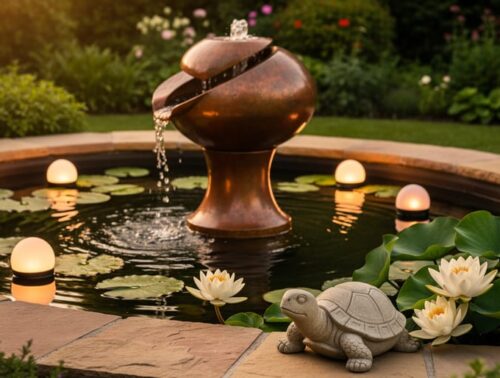 Copper fountain centerpiece with floating lights and lily pads in a backyard pond, with a stone turtle ornament at the edge, photographed at golden hour with soft reflections and a softly blurred garden background.