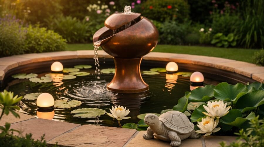 Copper fountain centerpiece with floating lights and lily pads in a backyard pond, with a stone turtle ornament at the edge, photographed at golden hour with soft reflections and a softly blurred garden background.