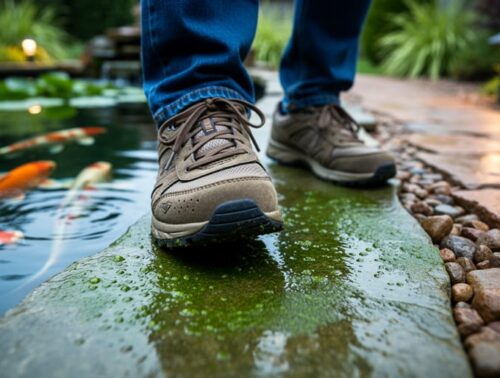 Eye-level close-up of a shoe stepping onto wet, algae-covered stone next to a koi pond, with koi, lily pads, and garden plants softly blurred in the background.