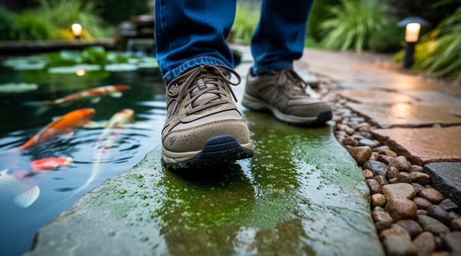 Eye-level close-up of a shoe stepping onto wet, algae-covered stone next to a koi pond, with koi, lily pads, and garden plants softly blurred in the background.