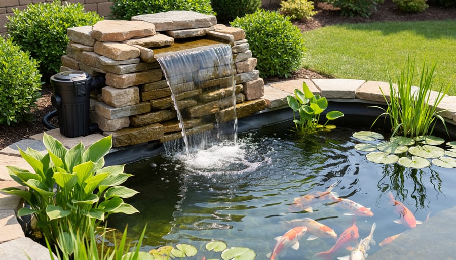 Waterfall filter system with water cascading into clear pond surrounded by plants